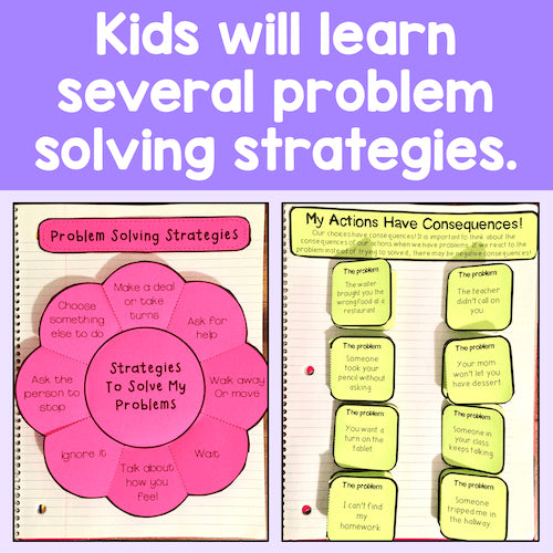 Pink and yellow sheets with problem solving strategies for kids