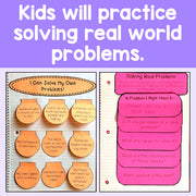 Orange and pink paper with text that help kids practice solving real world problems