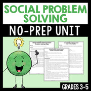 Educational material for social problem solving with a cartoon character and text on a green background