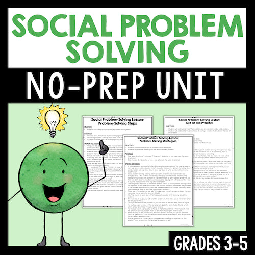 Educational material for social problem solving with a cartoon character and text on a green background