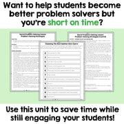 Educational materials on problem-solving strategies with text overlay on a green background