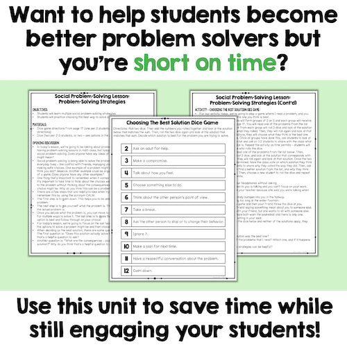 Educational materials on problem-solving strategies with text overlay on a green background
