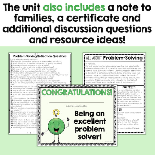 Educational materials with problem-solving reflection questions and a certificate on a green background