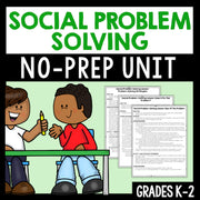 Cover of a social problem solving no-prep unit for grades K-2 with cartoon children and text.