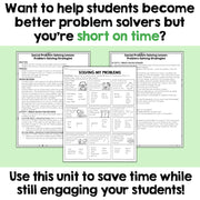 Educational materials on problem-solving strategies with text overlay on a green background