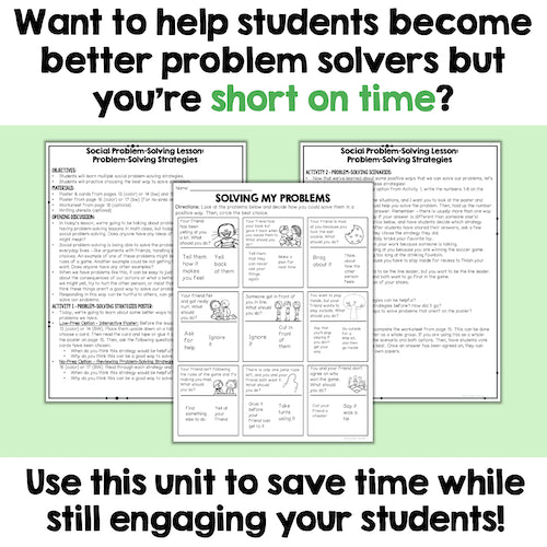 Educational materials on problem-solving strategies with text overlay on a green background