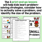 Educational materials for teaching problem-solving strategies to children on a green background.
