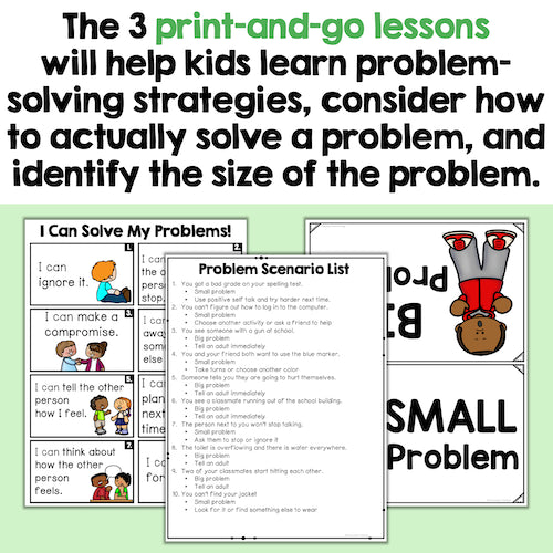 Educational materials for teaching problem-solving strategies to children on a green background.