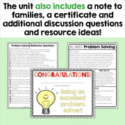 Educational materials including a certificate, reflection questions, and discussion questions on problem-solving with a light bulb graphic.