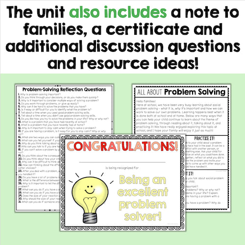 Educational materials including a certificate, reflection questions, and discussion questions on problem-solving with a light bulb graphic.