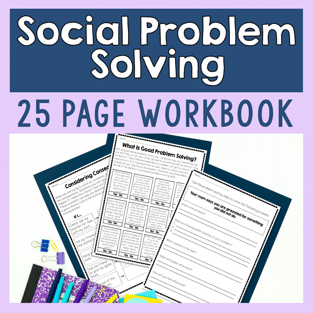 25-page workbook on social problem solving with a purple background