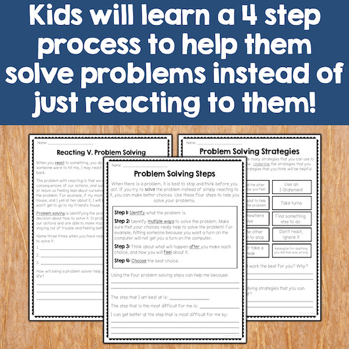 Educational materials on problem-solving strategies for kids on a wooden surface with text overlay.