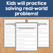 Three problem-solving worksheets on a wooden surface with a blue background and text about solving real-world problems.