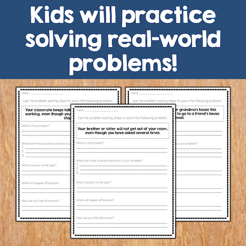 Three problem-solving worksheets on a wooden surface with a blue background and text about solving real-world problems.