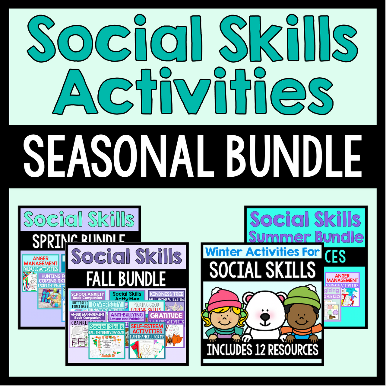 Promotional graphic for a social skills activities seasonal bundle with various titles and images of children.
