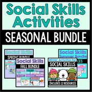 Promotional graphic for a social skills activities seasonal bundle with various titles and images of children.