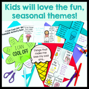 Educational materials with 'I Can Cool Off' theme for kids, including cut-out shapes and text.