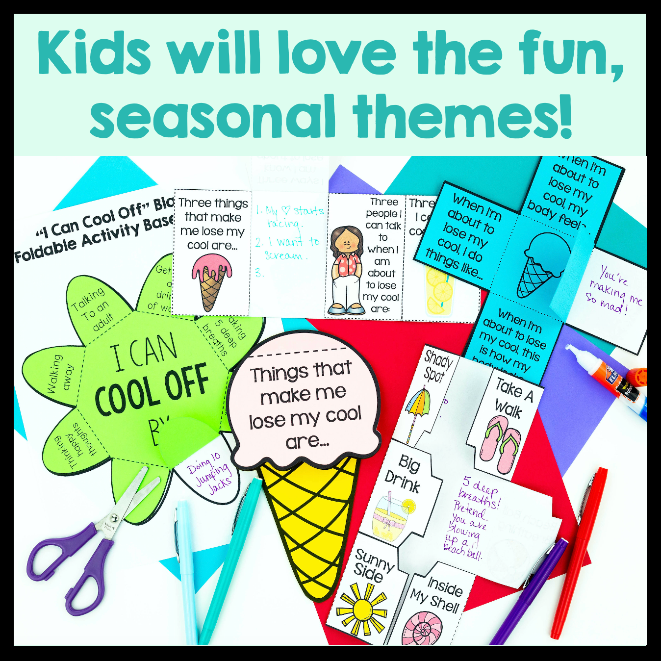 Educational materials with 'I Can Cool Off' theme for kids, including cut-out shapes and text.