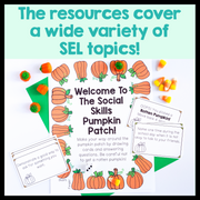Educational materials with pumpkins and text about Social Skills Pumpkin Patch on a light green background