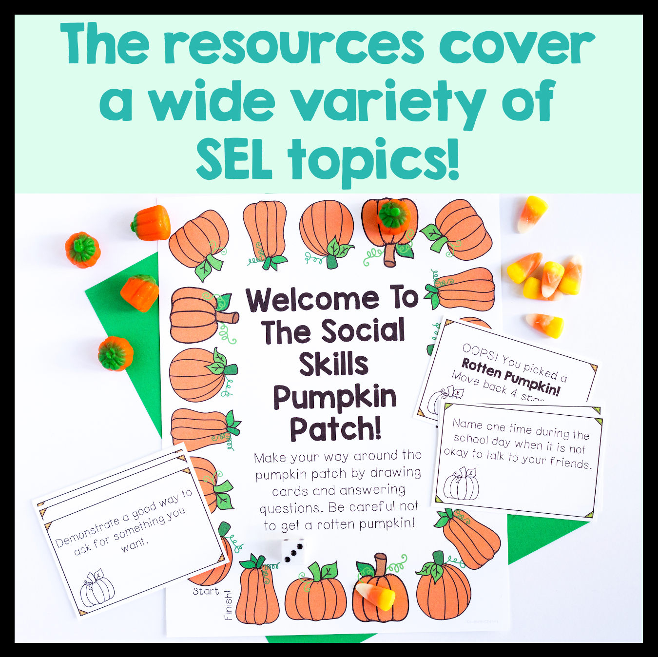Educational materials with pumpkins and text about Social Skills Pumpkin Patch on a light green background