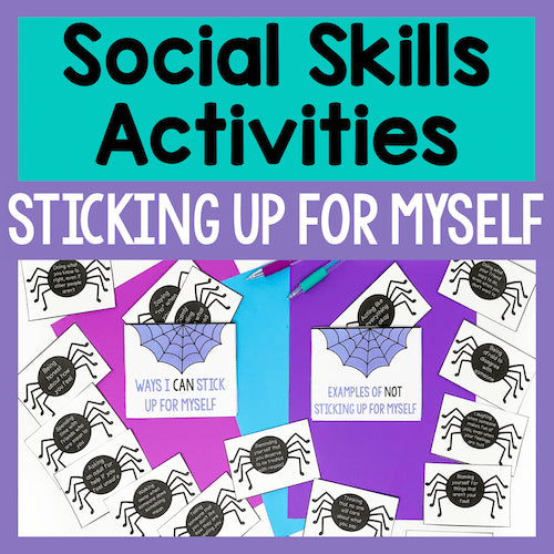 Educational materials for social skills activities on a purple and teal background