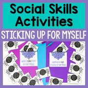 Educational materials for social skills activities on a purple and teal background