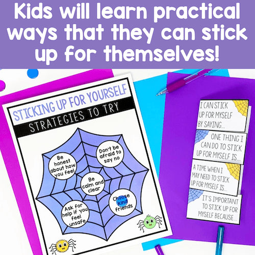 Educational materials on a purple background with text about self-stickup strategies for kids.