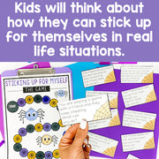 Educational game for kids on sticking up for themselves with cards and a spinner on a purple background.