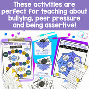 Educational materials on bullying, peer pressure, and assertiveness with colorful graphics and text.