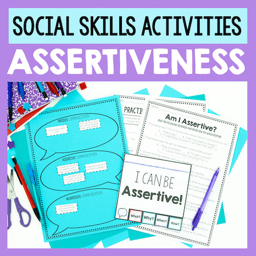 Assertiveness social skills activities with worksheets and stationery on a purple background