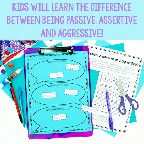 Educational materials on assertiveness with a colorful background
