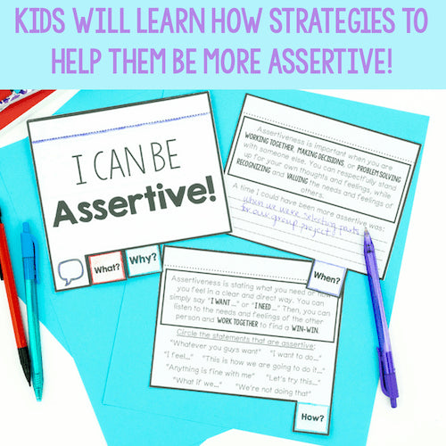 Assertiveness worksheets on a blue background with pens.