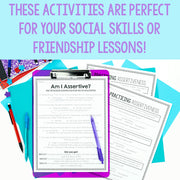 Assessments and a pen on a colorful background with text about social skills and friendship lessons.