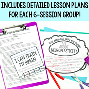 Educational materials with text about neuroplasticity and lesson plans on a white background.