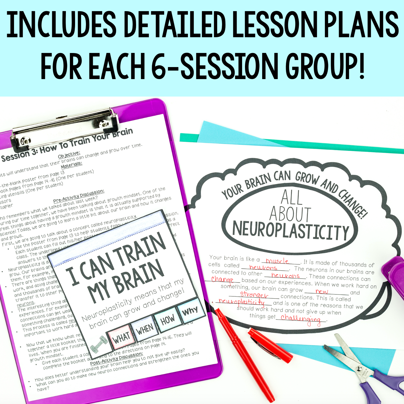 Educational materials with text about neuroplasticity and lesson plans on a white background.