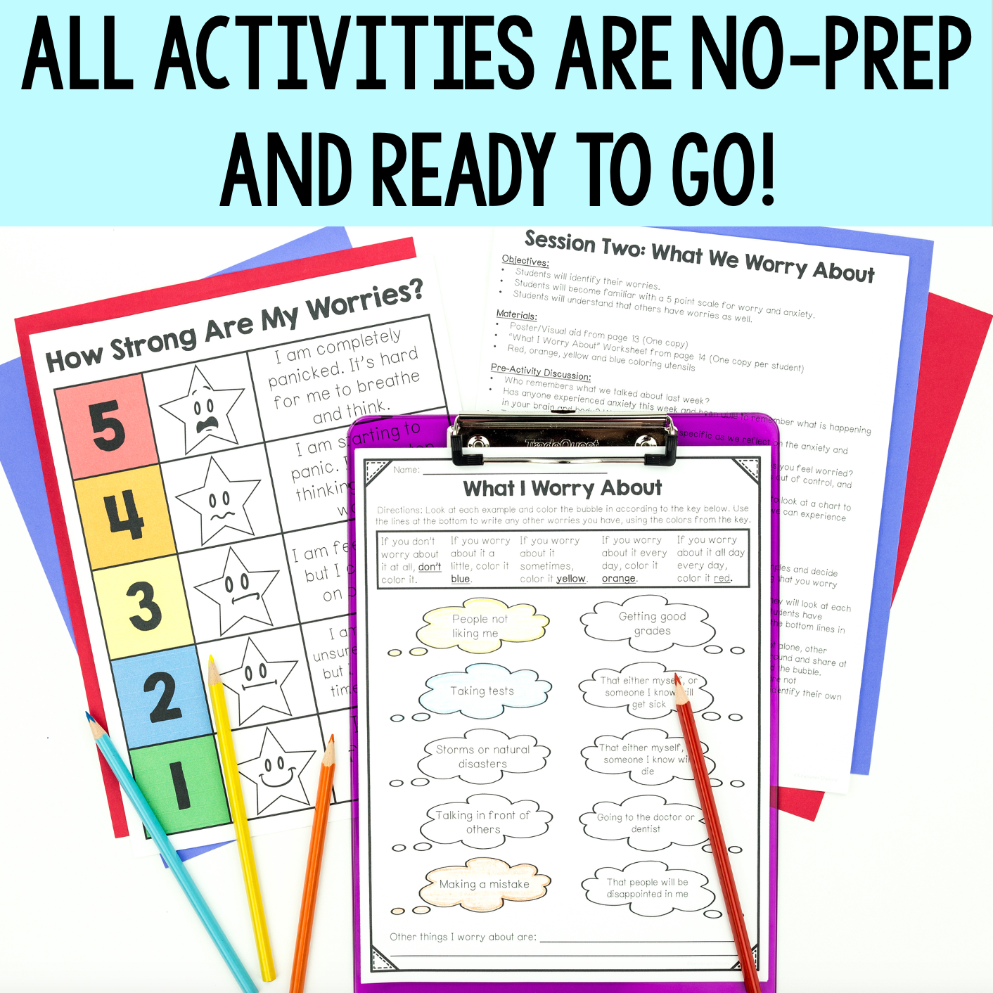 Educational materials with worksheets and a clipboard on a white background
