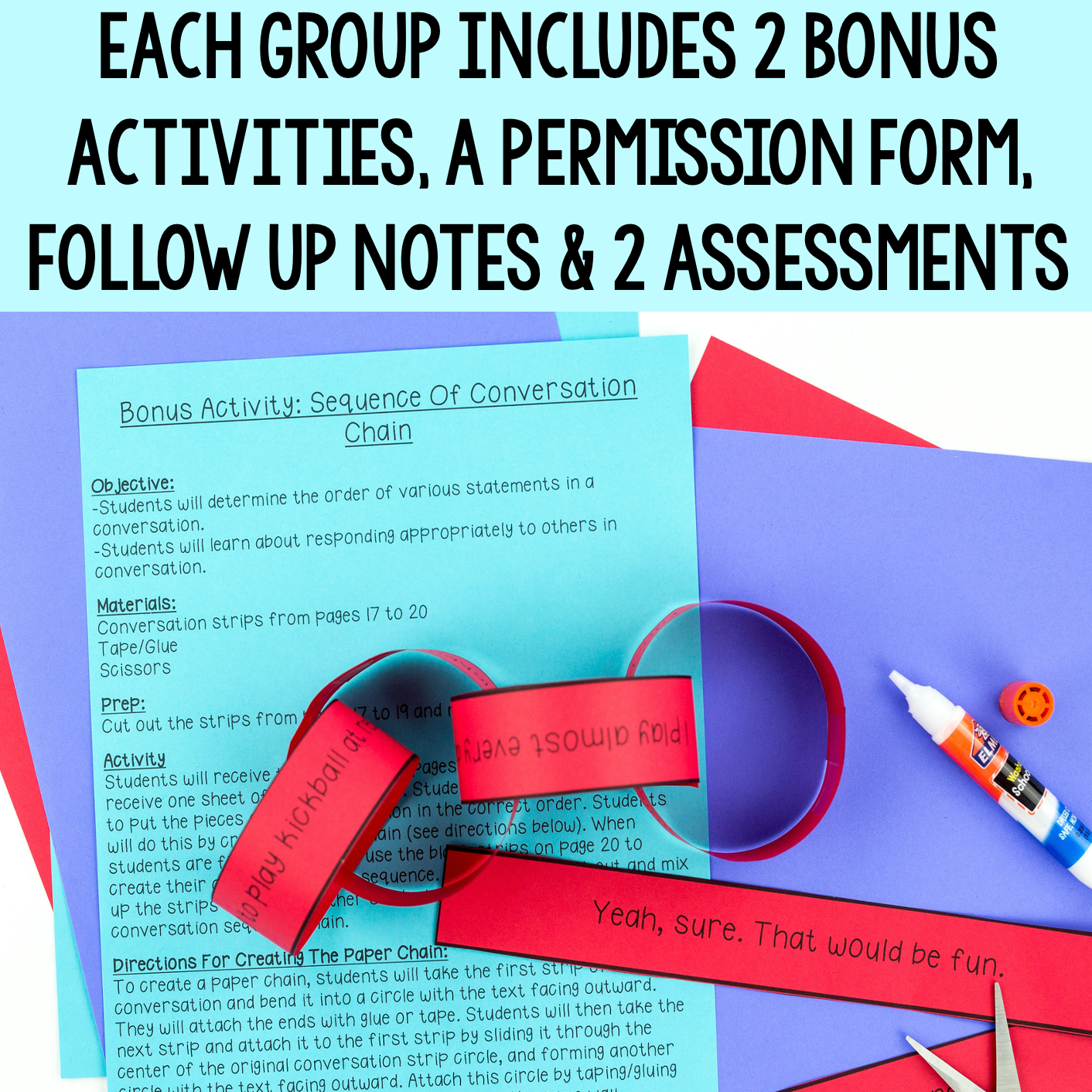 Educational materials with text about bonus activities, permission form, follow-up notes, and assessments.
