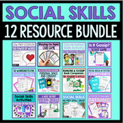 Collection of social skills resource bundle with various activities and worksheets on a teal background.