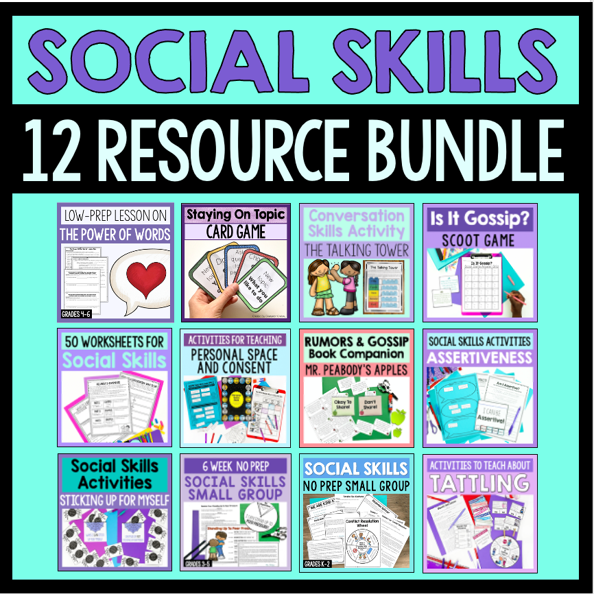 Collection of social skills resource bundle with various activities and worksheets on a teal background.