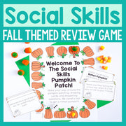 Social Skills Fall Themed Review Game with pumpkins and candy corn on a teal background