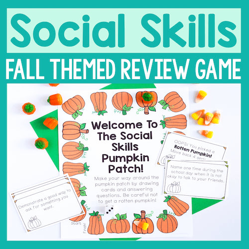 Social Skills Fall Themed Review Game with pumpkins and candy corn on a teal background