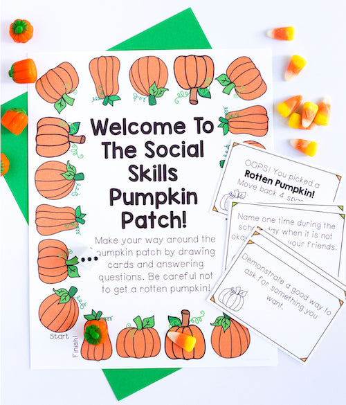 Educational activity sheet for social skills with pumpkins and cards on a white background