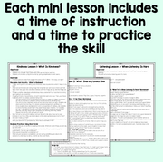 A light green graphic with large black text reading, 'Each mini lesson includes a time of instruction and a time to practice the skill,' above three overlapping worksheet pages showing lesson titles such as Kindness Lesson 1 and Listening Lesson 2.