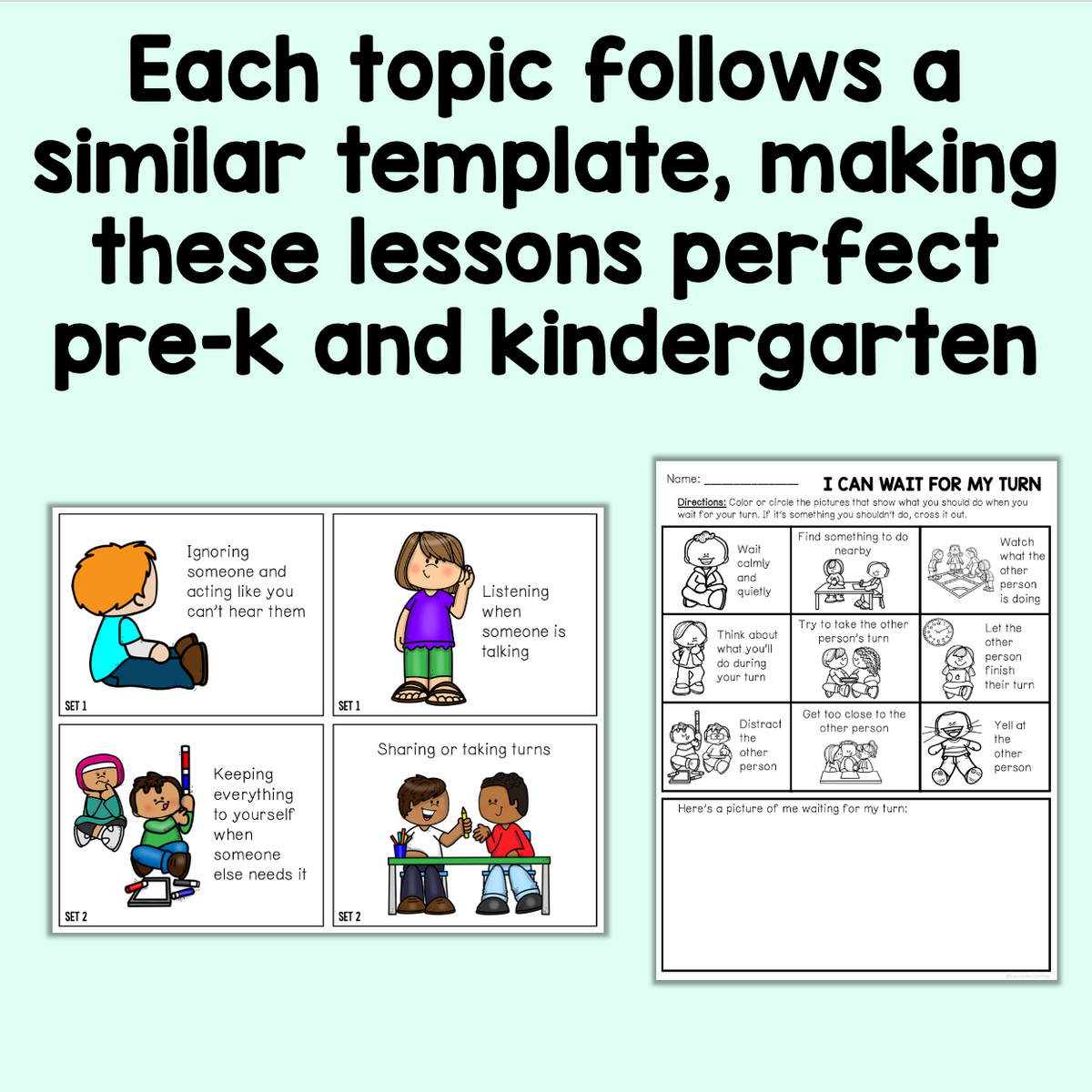 Each topic follows a similar template, making these lessons perfect for pre-k and kindergarten