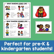 Educational poster set for pre-K and kindergarten students about sharing, featuring illustrations of children sharing toys and reading, with text prompts like 'What Sharing Looks Like' and 'What Sharing Sounds Like.' The set includes a large main poster and two smaller inset posters on a green background with a blue banner at the bottom.