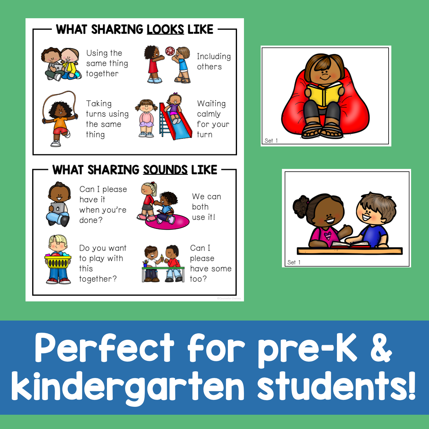Educational poster set for pre-K and kindergarten students about sharing, featuring illustrations of children sharing toys and reading, with text prompts like 'What Sharing Looks Like' and 'What Sharing Sounds Like.' The set includes a large main poster and two smaller inset posters on a green background with a blue banner at the bottom.