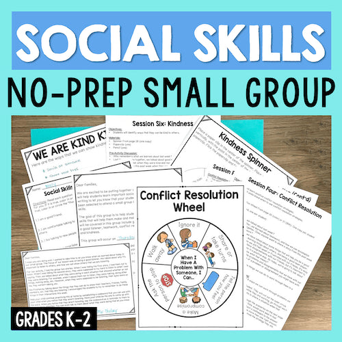 Social skills worksheets and materials on a wooden surface with a blue border and text.