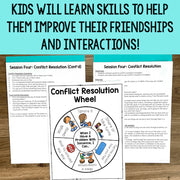 Educational materials on conflict resolution with a wheel diagram and text on a wooden surface.