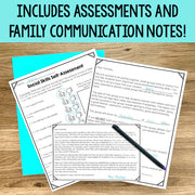 Assessments and family communication notes on a wooden surface with a blue folder and pen.