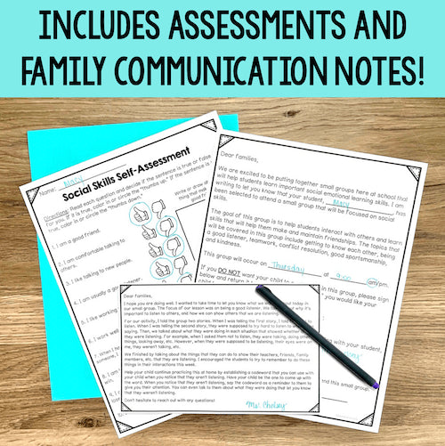 Assessments and family communication notes on a wooden surface with a blue folder and pen.